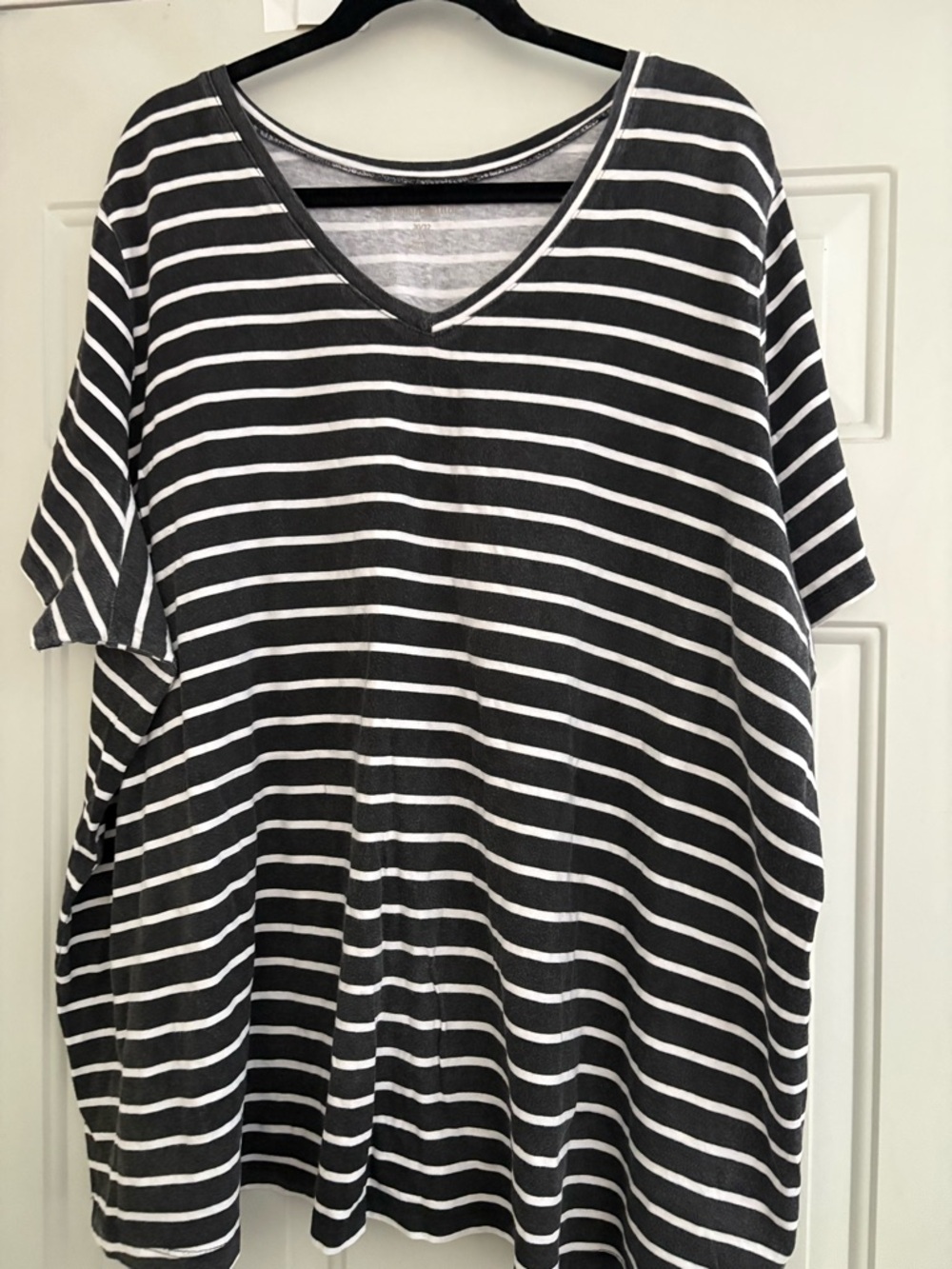Woman Within Black and White Striped V-Neck Short Sleeve Tee